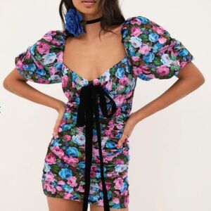 NWT For Love And Lemons Marley Mini Dress Puff Sleeve Floral ruched bows Small